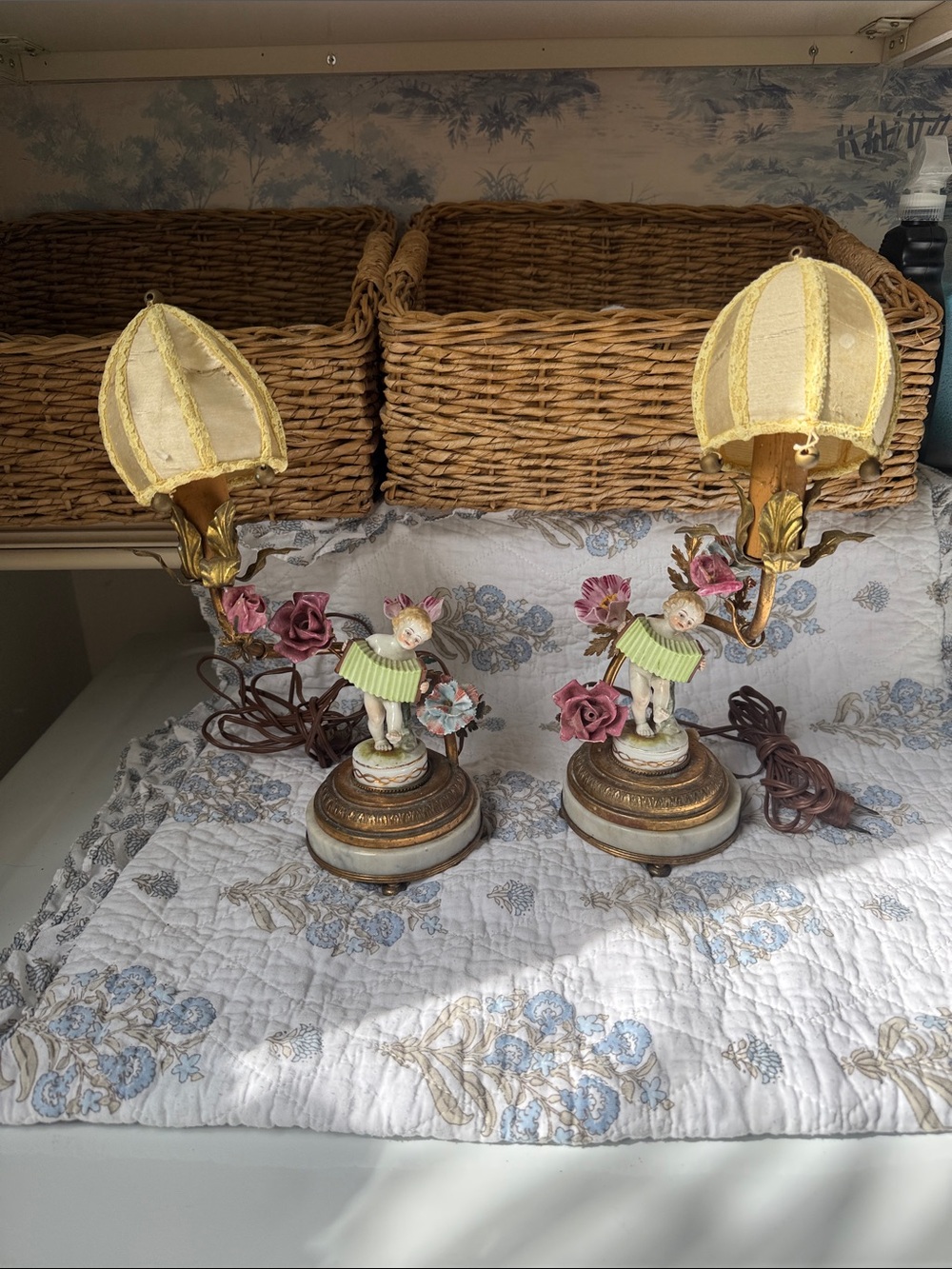Italian vintage lamps Porcelain Cherub. A Pair